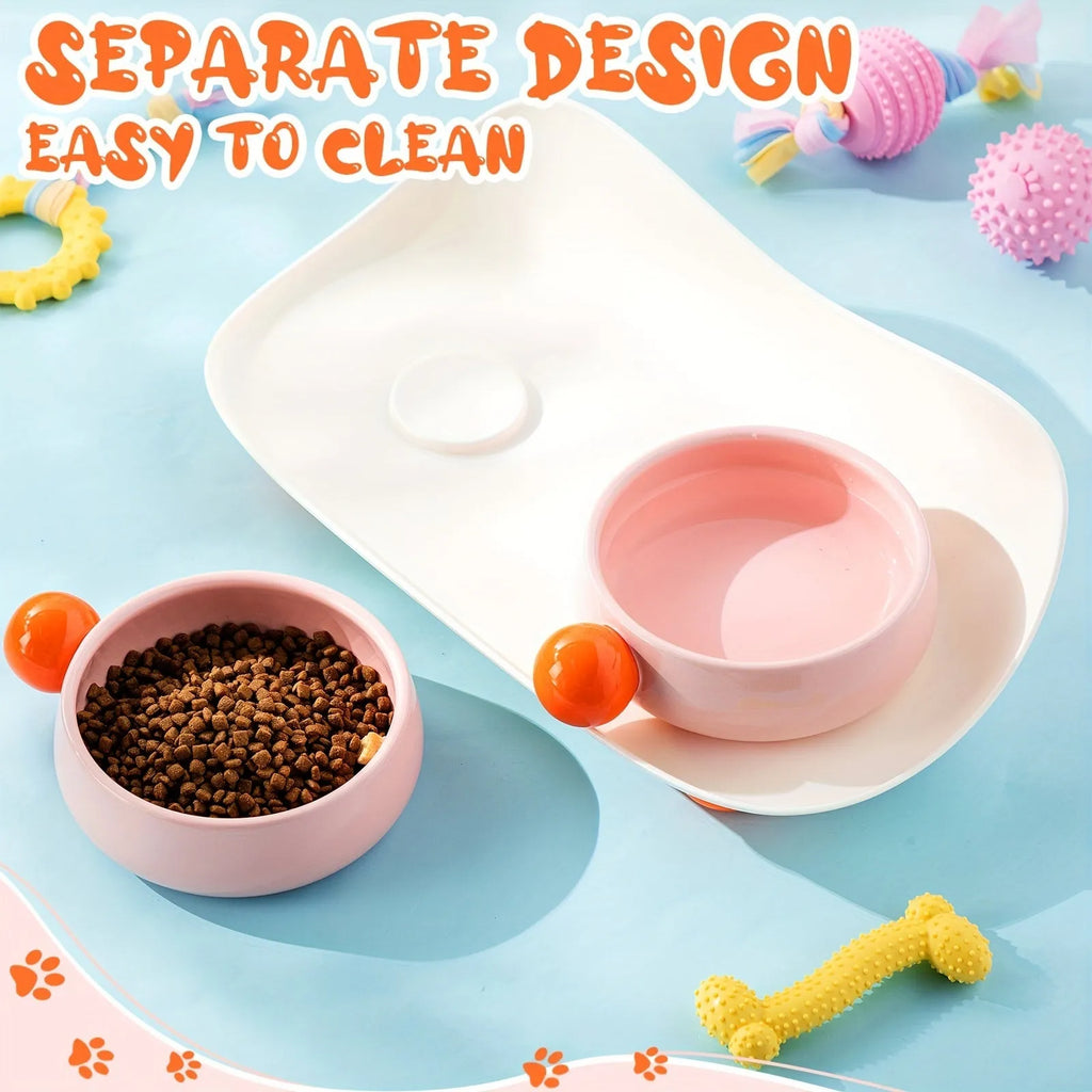 Elevated ceramic double bowl set for pets in pink, yellow or pink yellow with non-slip base