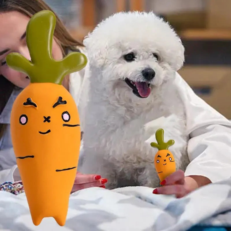 Green, orange, and purple latex vegetable dog chew toys with cartoon onion and eggplant designs