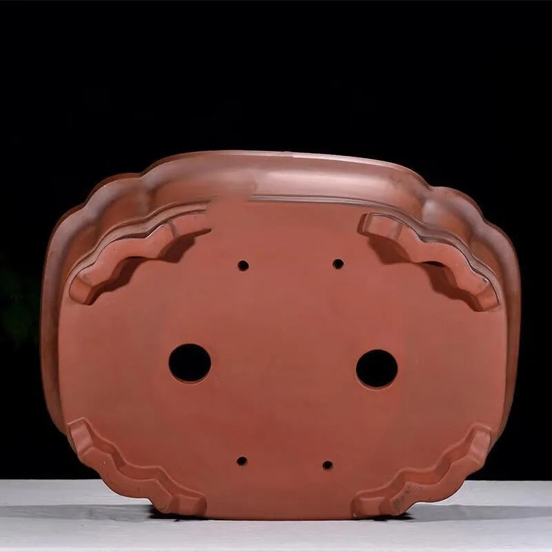 Antique finish Chinese style purple clay rectangular flowerpot measuring 71cm long, 54cm wide, and 23cm high.