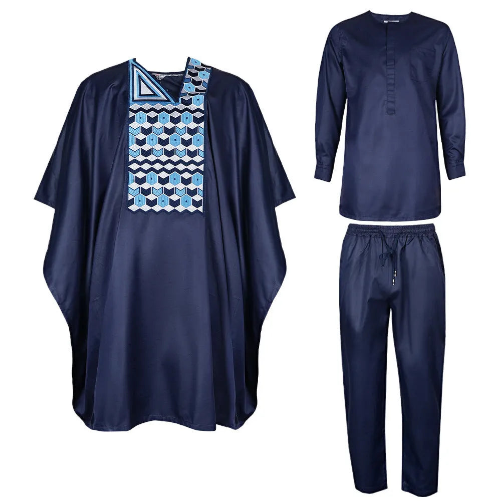 Men's dark blue polyester three-piece suit set with embroidered jacket