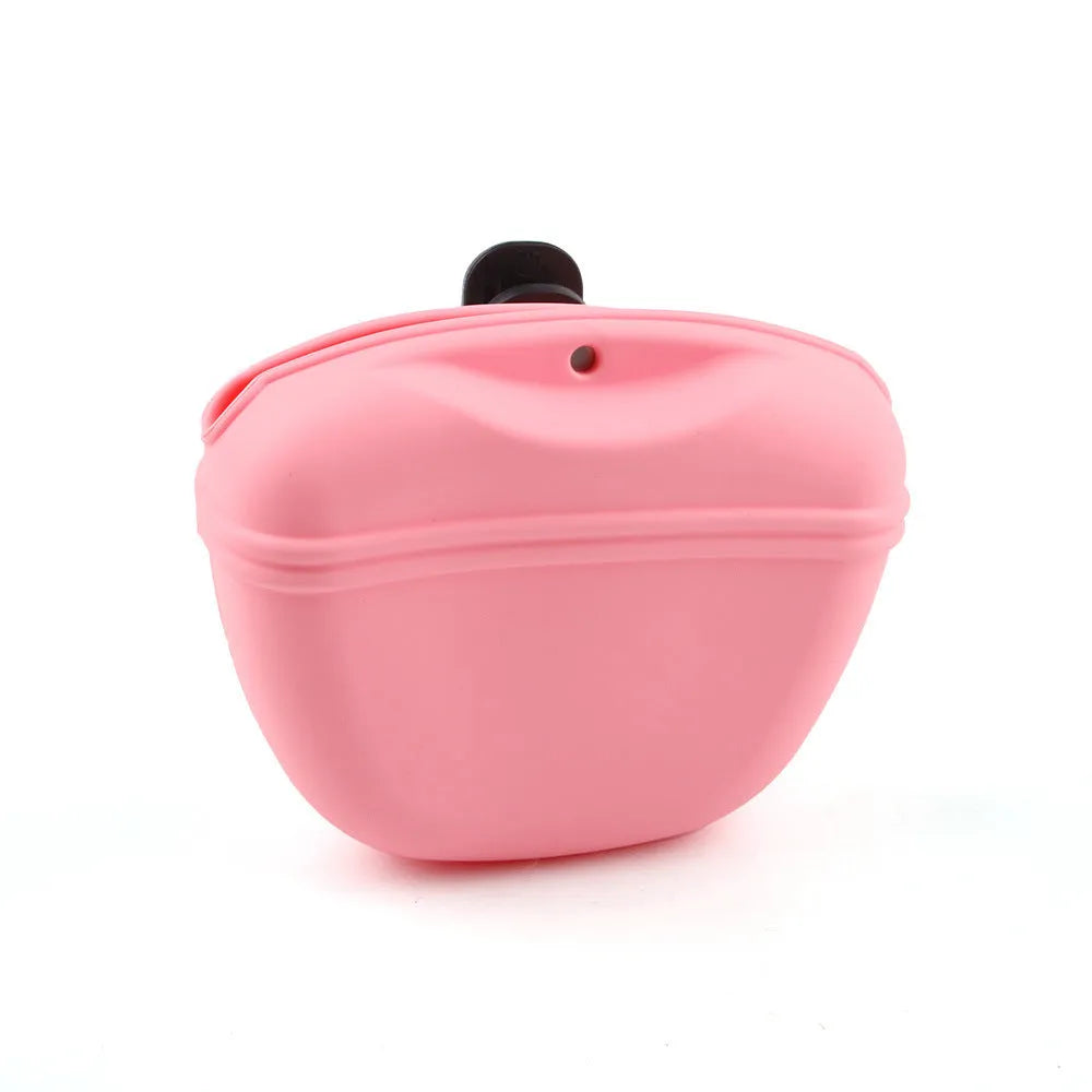A silicone dog training treat pouch with a clip and magnetic closure, shown in one of six colour options.