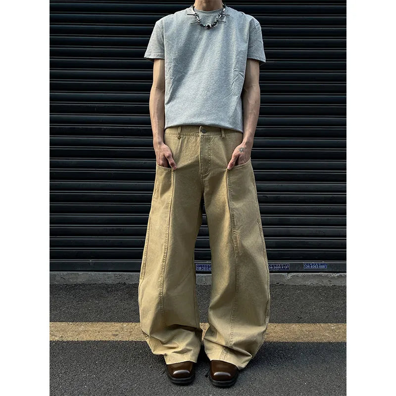 Men's khaki straight-leg casual cotton trousers on a white background.