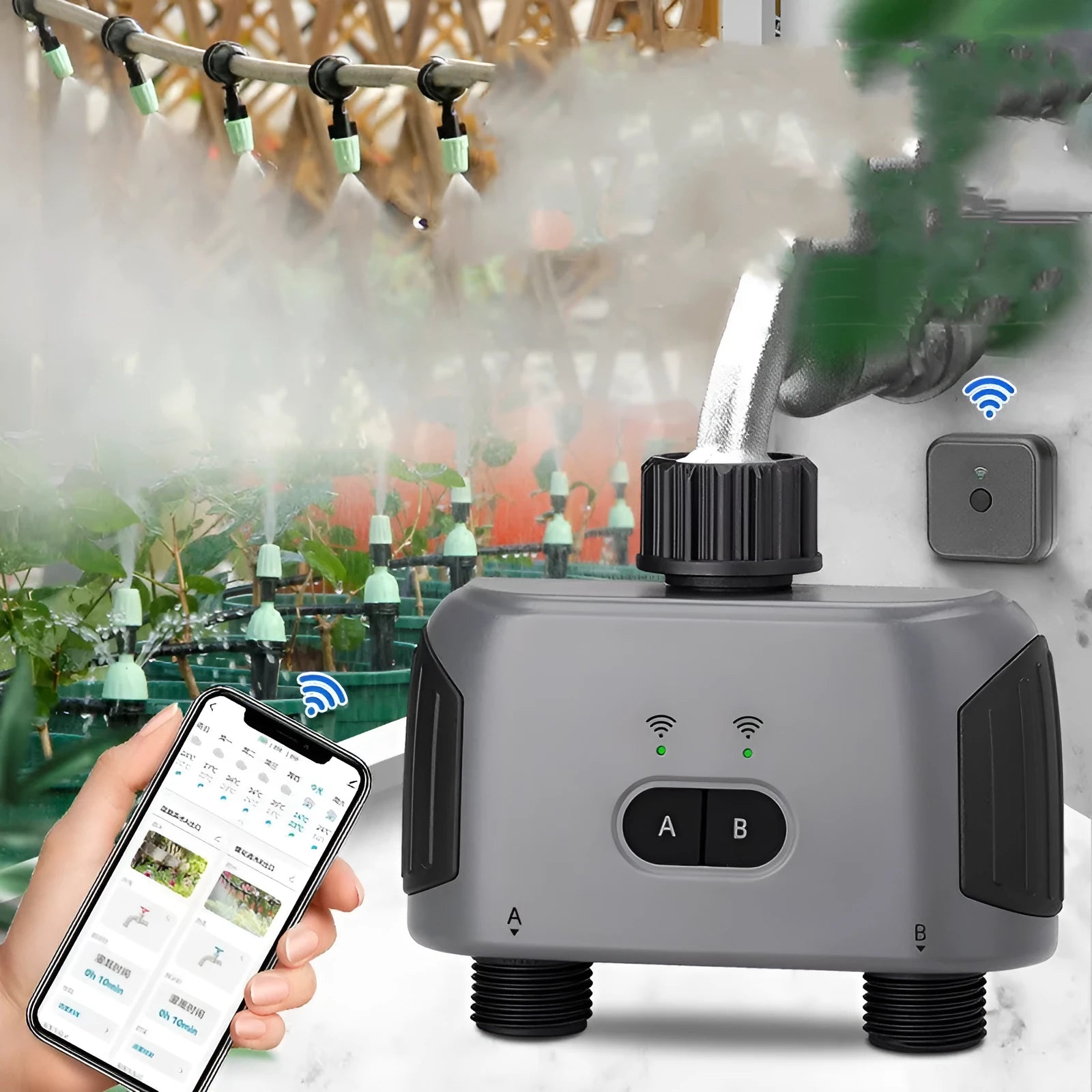 Bluetooth dual watering controller for remote mobile phone irrigation with display and hose connections
