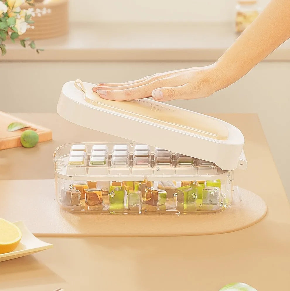 High capacity ice cube tray with grid design and integrated ice shovel storage compartment