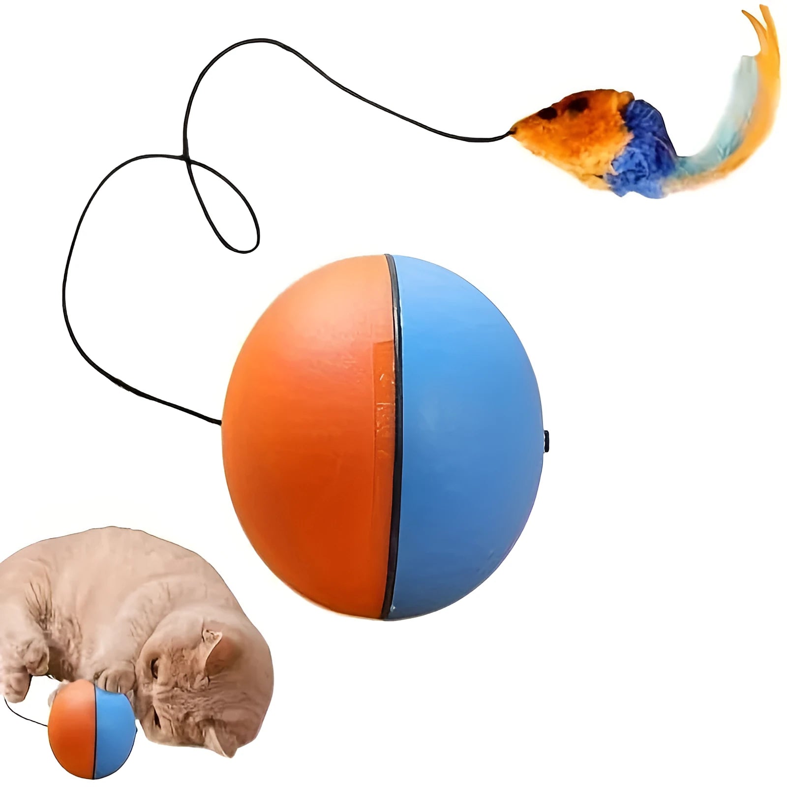 Interactive cat toy ball and plush mouse in blue and orange colours measuring 8.5cm