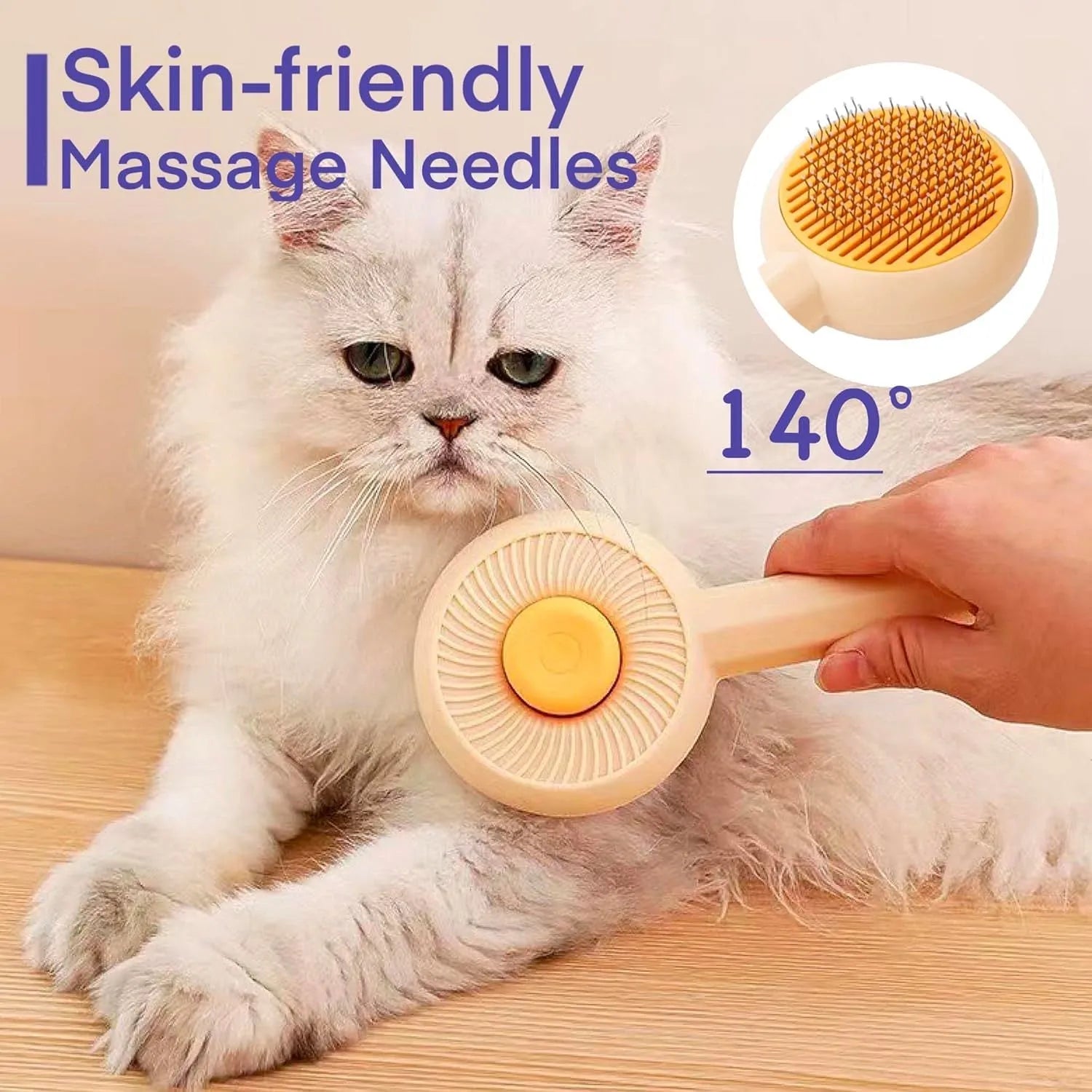 Blue pet grooming brush with self-cleaning button and angled wire needles for cats and dogs