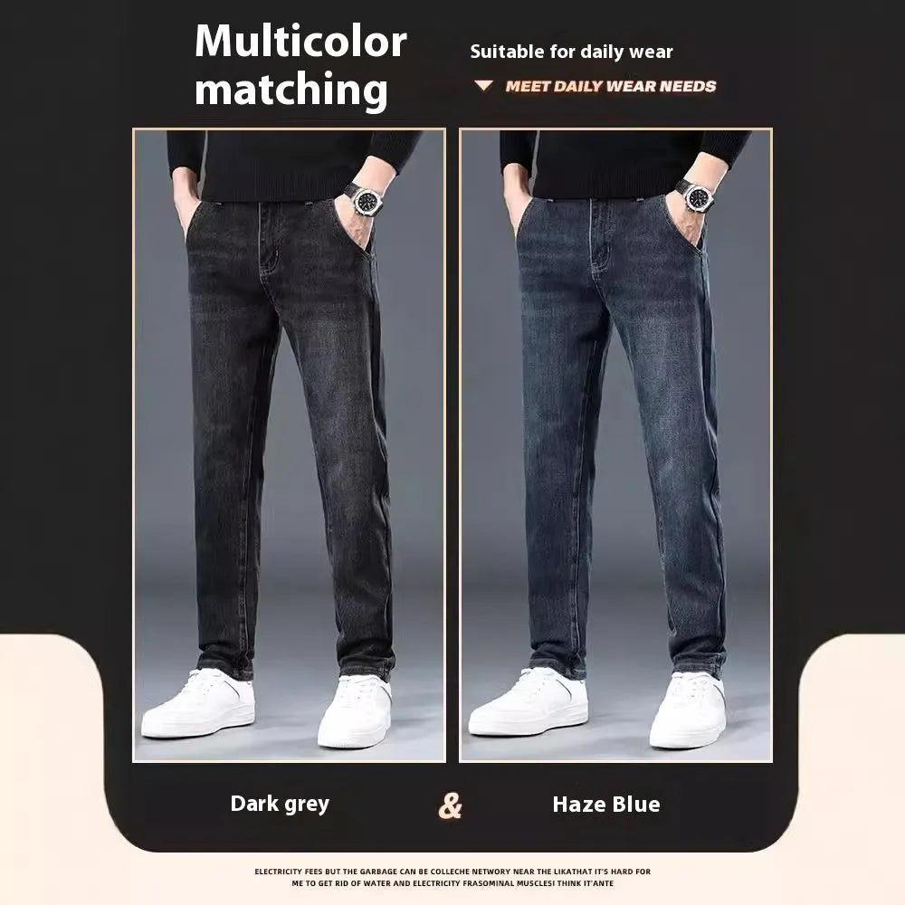 Blue gray slim straight casual men's trousers on a hanger, showing mid-waist fit and zipper fly.