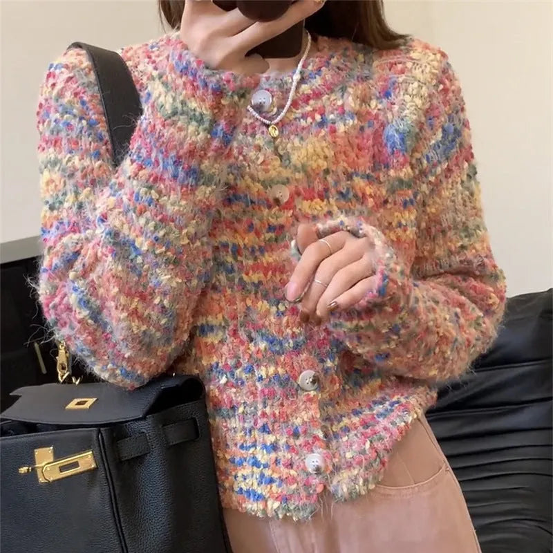 Rainbow knitted cardigan sweater in retro gentle idle style showing toothbrush hair fabric texture
