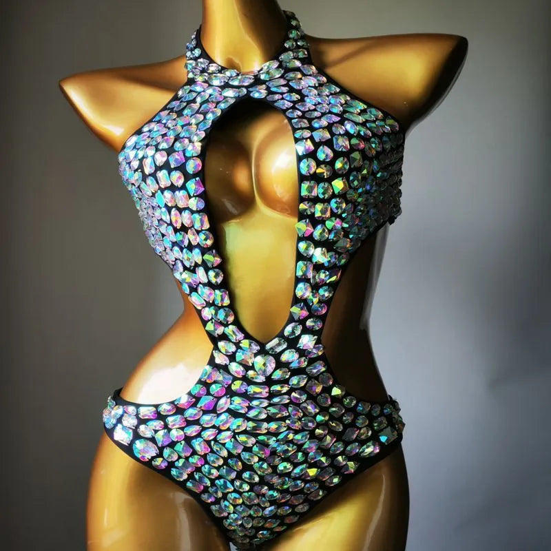 Women's one-piece swimsuit with mesh diamond inserts in army green colour