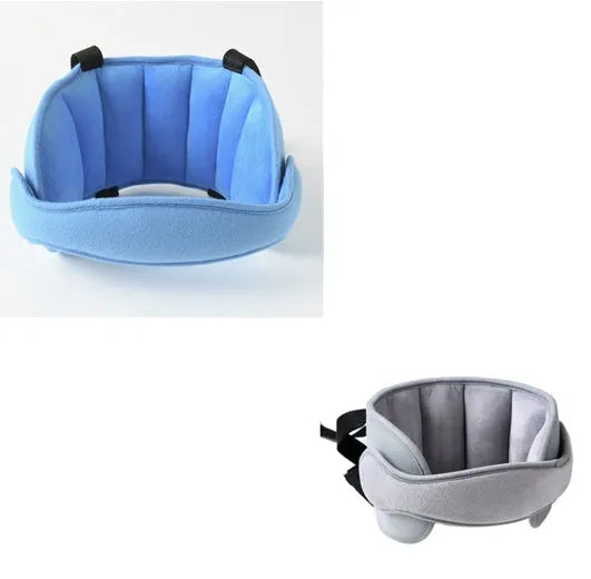 Child car seat head support in blue with hook and loop neck strap and rear waistband