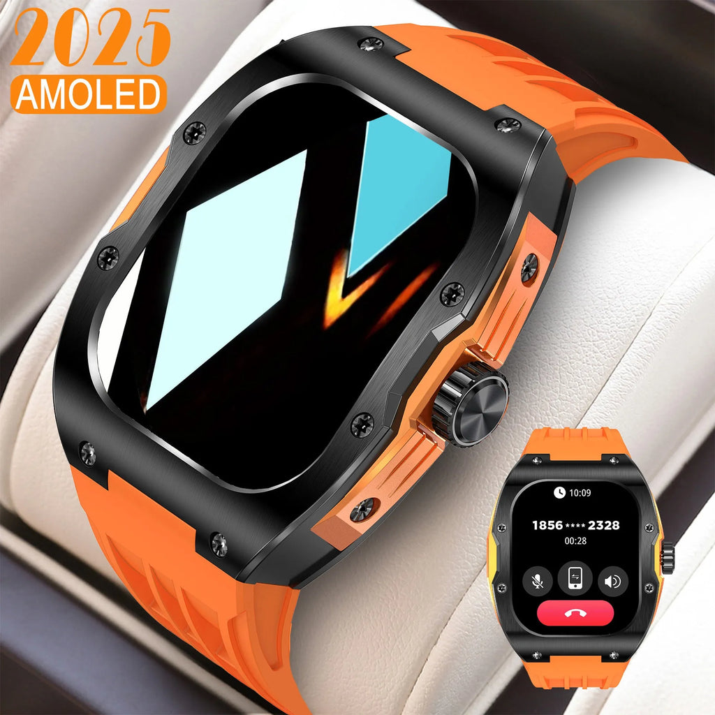Smart watch with AMOLED display showing fitness metrics and call interface