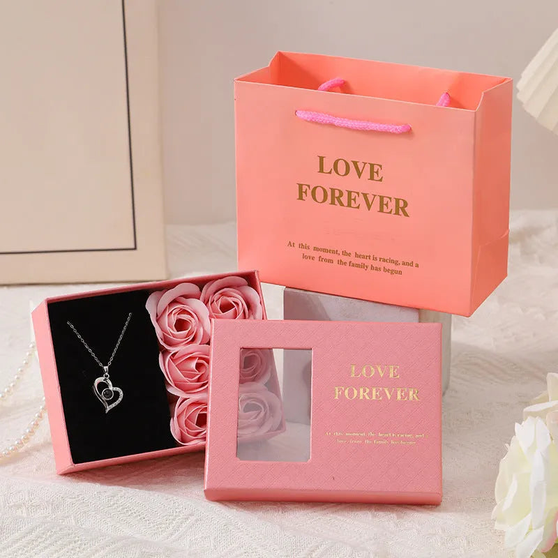 Korean style soap flower gift box containing six roses with gift box and handbag in red, pink or black colours
