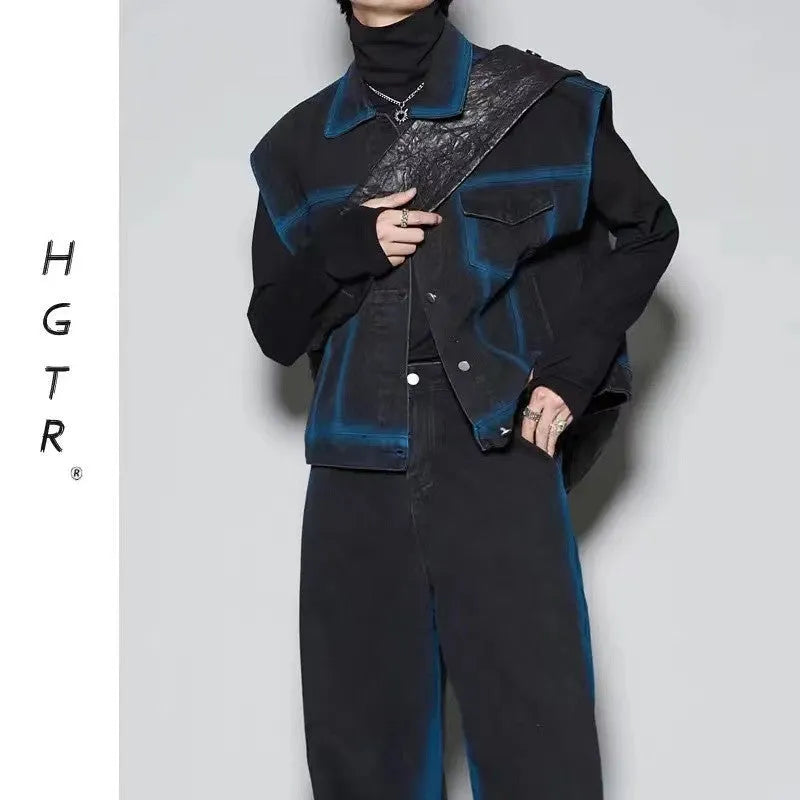 Distressed blue jeans and sleeveless vest two-piece set with spray colour gradient finish and fleece lining
