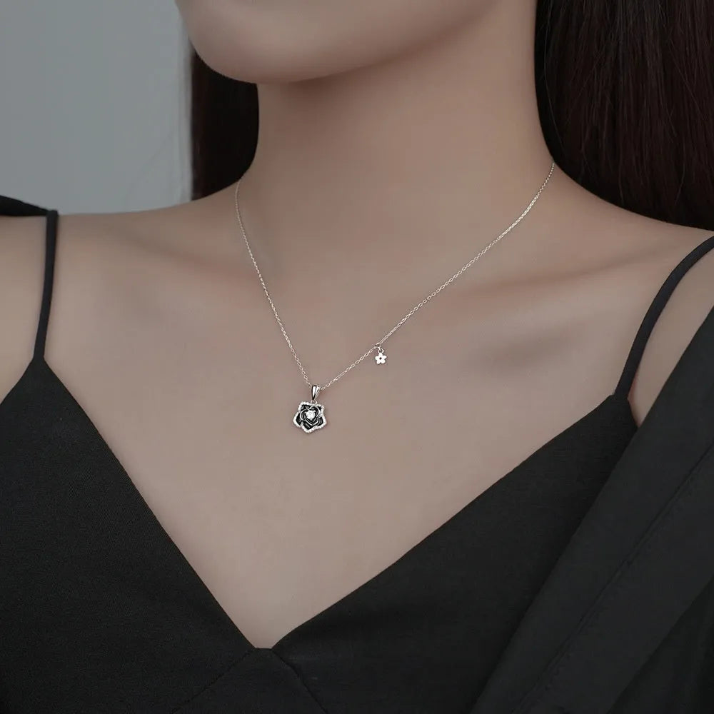 S925 sterling silver camellia necklace with zirconium inlay white gold finish on cross chain