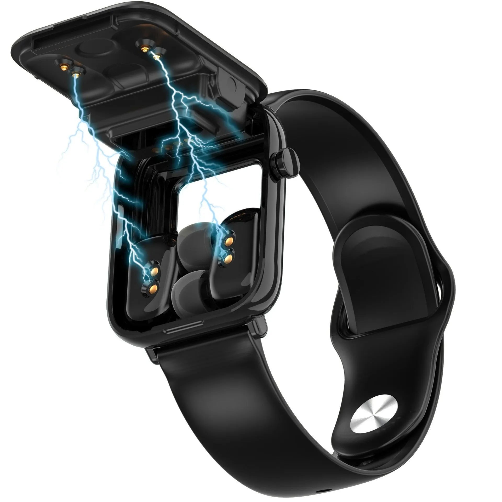Black zinc alloy smartwatch with 1.69-inch touch screen showing heart rate data, next to its magnetic charging case.