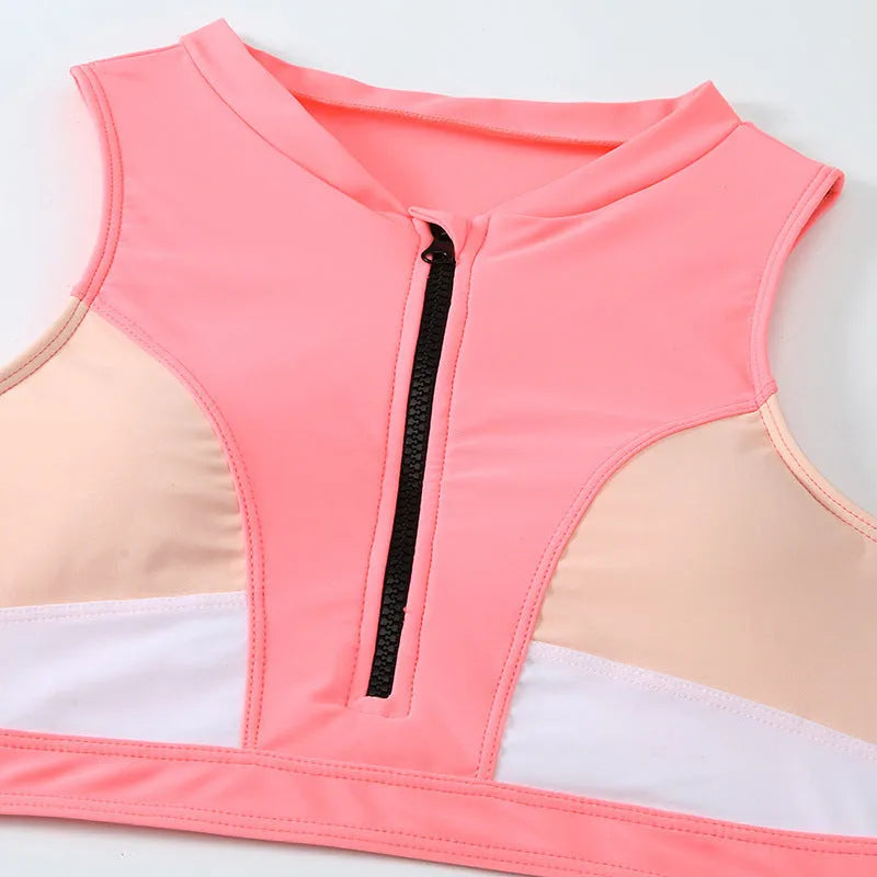 Pink high waist split bikini swimsuit with matching bra and briefs