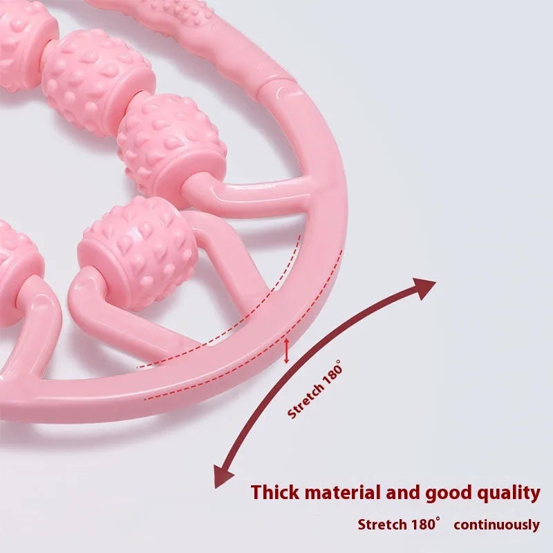 Close-up of a manual leg massager roller with a ring-clip handle and multiple plastic wheels.