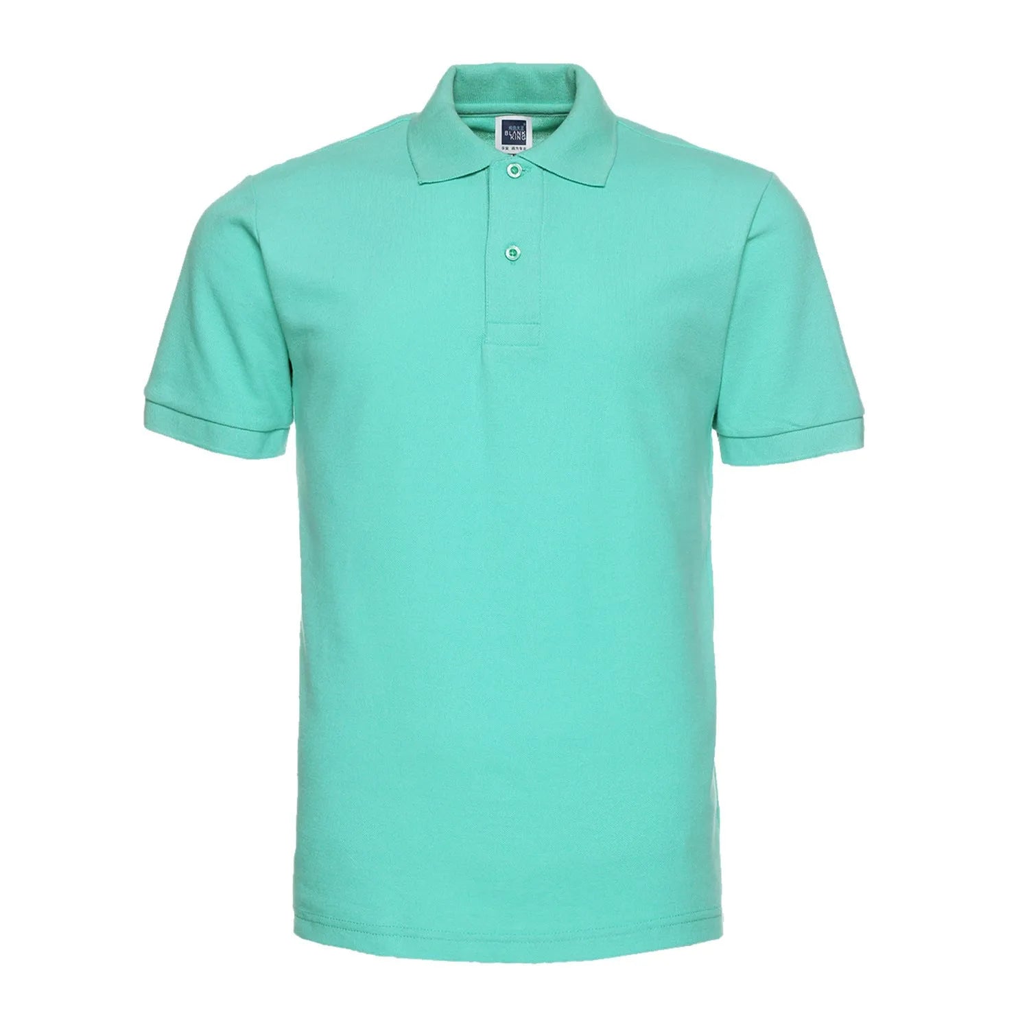 Men's plus size solid colour lapel collar short sleeve polo shirt on a hanger.