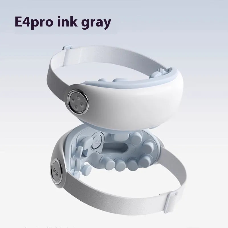 Bluetooth hot compress and steam moisturising eye massager in purplish grey, green, or ink grey colour.