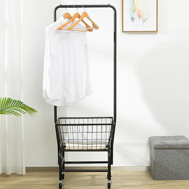 White single rod iron pulley storage car on wheels with clothes hangers.