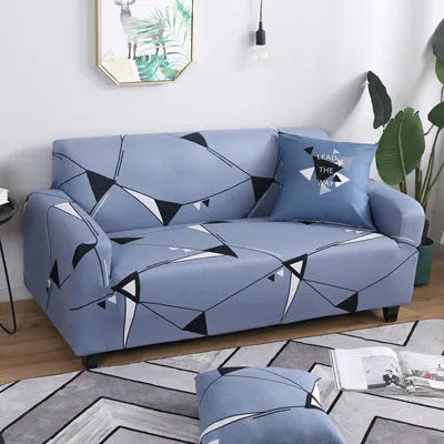 Printed geometric pattern stretch sofa slipcover on three-seater sofa