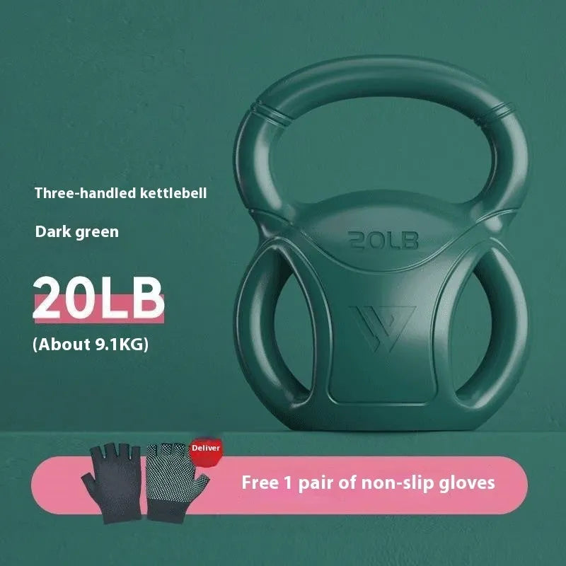 Colourful kettlebells in pink, lavender, and dark green with different weight options for home fitness