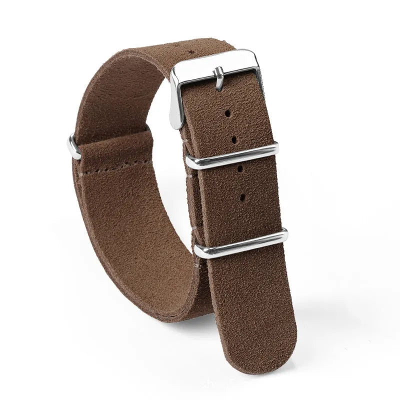 Genuine leather watch strap with velvet finish in retro artistic style, 20mm width, black colour, on a light background