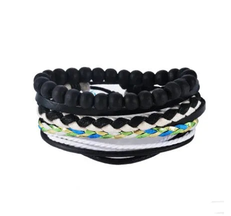 Hand-woven leather bracelet with wooden beads and adjustable closure in punk style