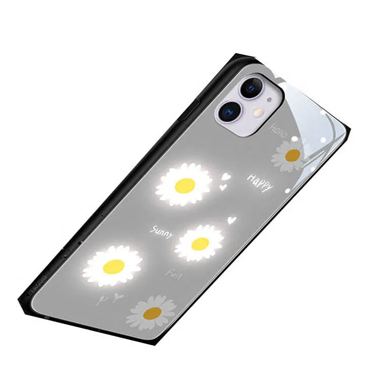 iPhone luminous phone case with voice-activated colour light and painted daisy designs on TPU protective shell