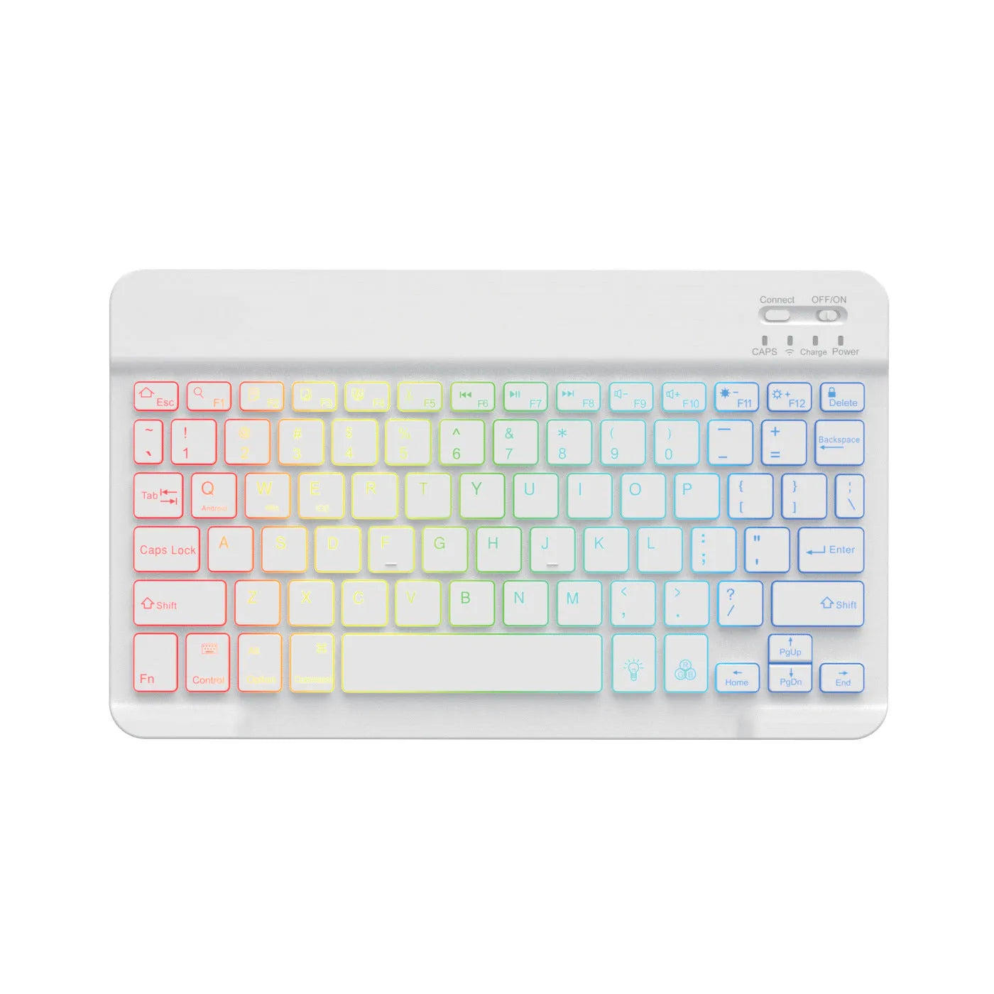 A 10-inch black Bluetooth keyboard with multi-colour LED backlit keys on a desk next to a tablet.