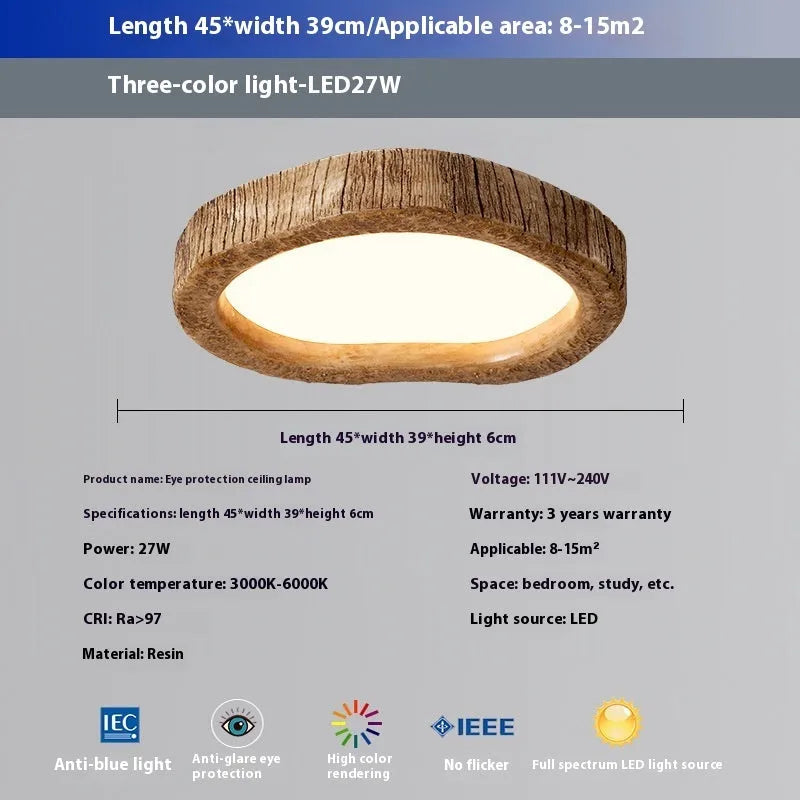 Wood grain finish round ceiling light in new Chinese style, shown in three size options.