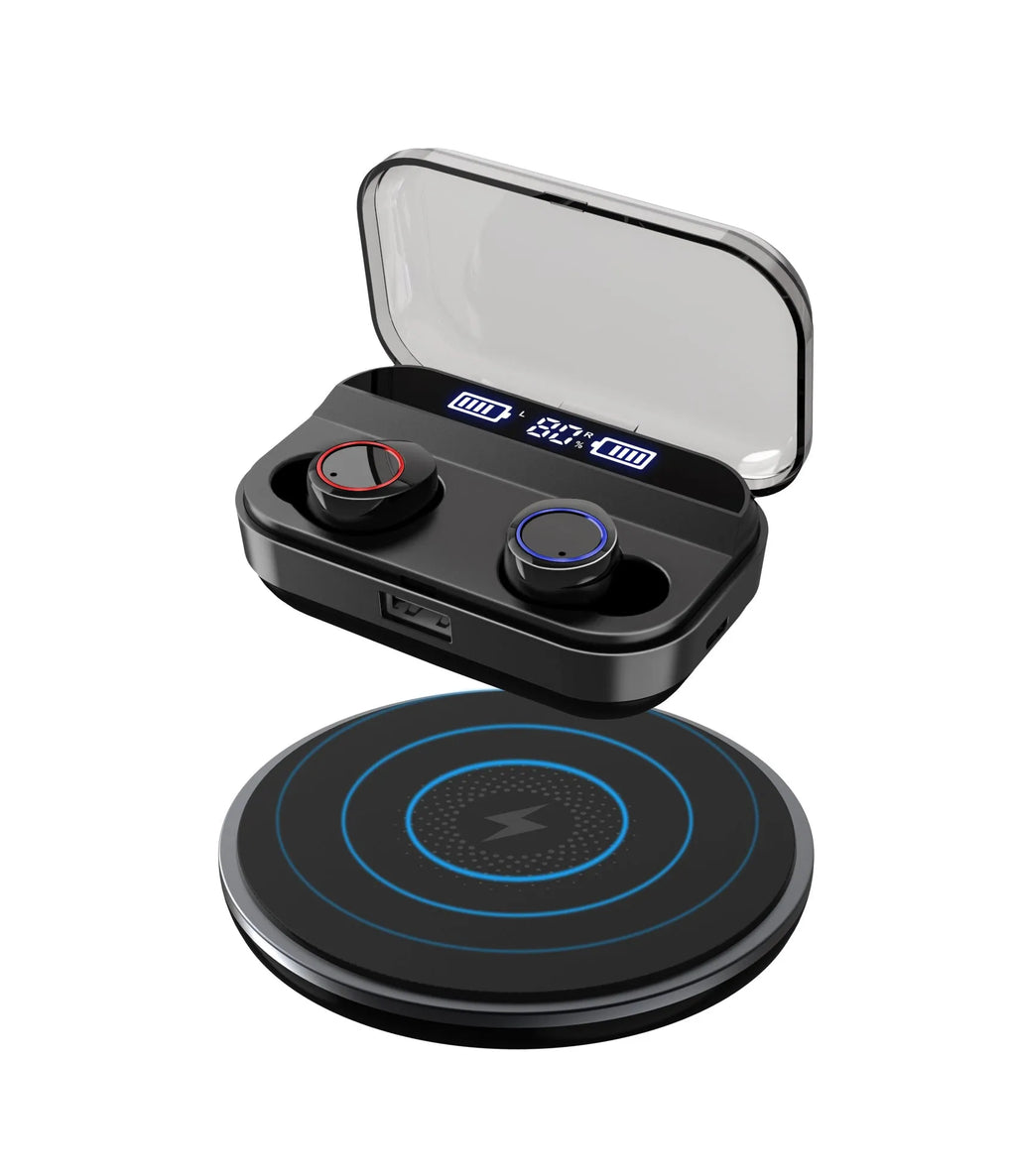 Black X11 Bluetooth wireless earbuds with charging case and six silicone ear tips