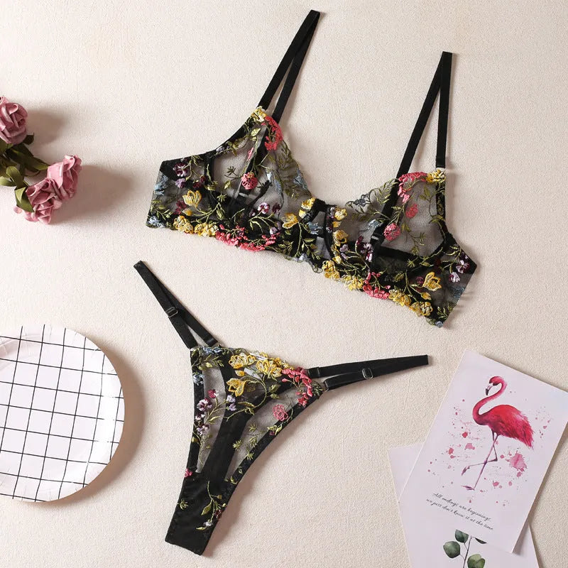 Floral patterned mesh bra and T-back underwear set in a skin colour, showing steel ring detail.