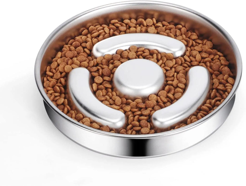 Stainless steel slow feeding bowl with neck protector for dogs and cats in cowhide box