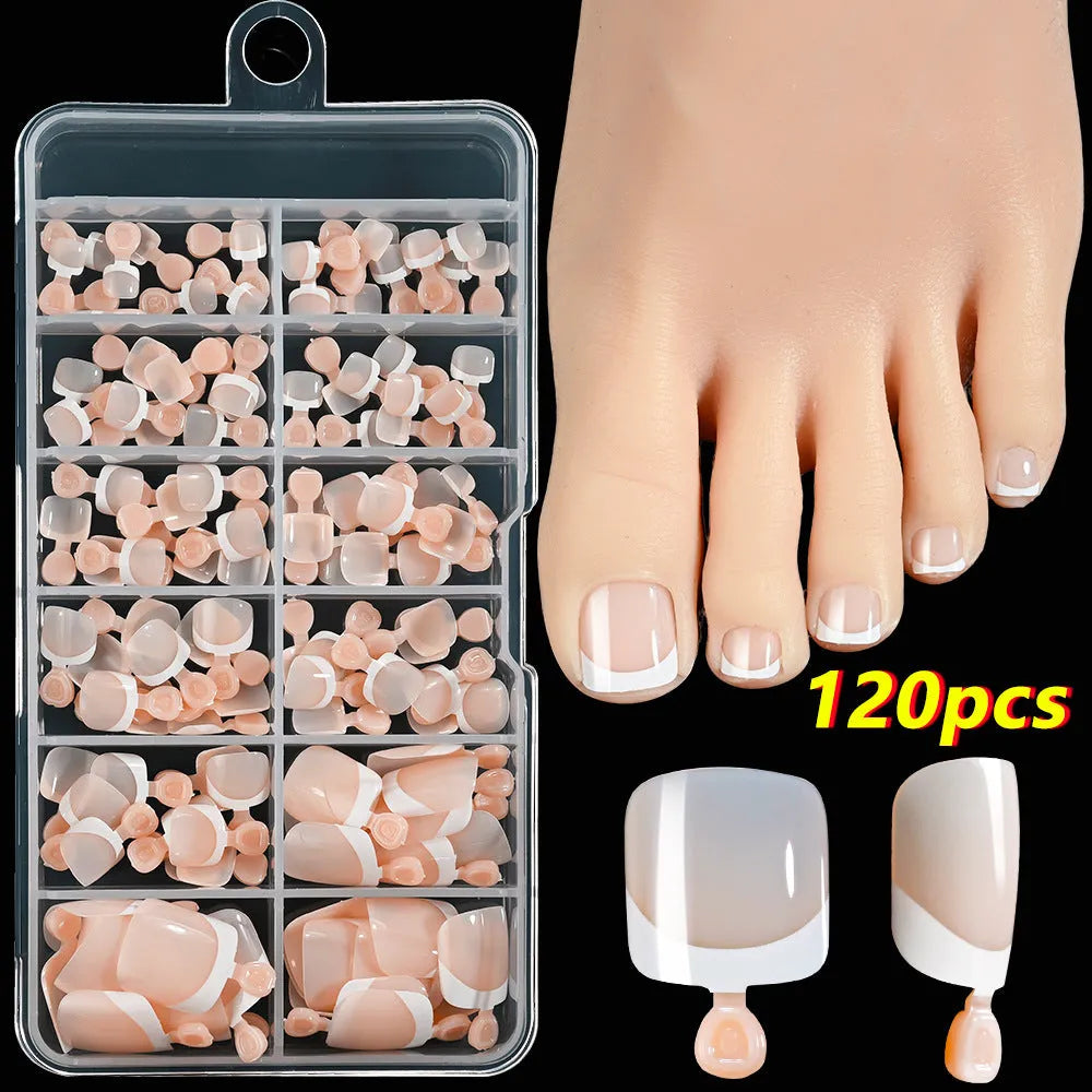 120 piece box of nude square artificial nail tips with French white edges in assorted shades