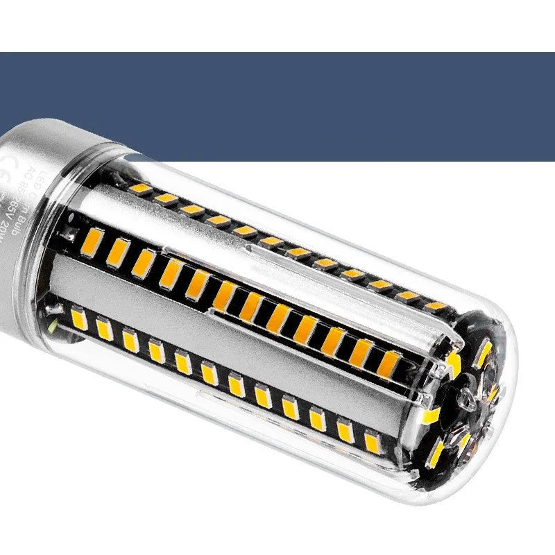 E26 E27 25W aluminium LED corn lamp showing dimensions and warm white or white light options