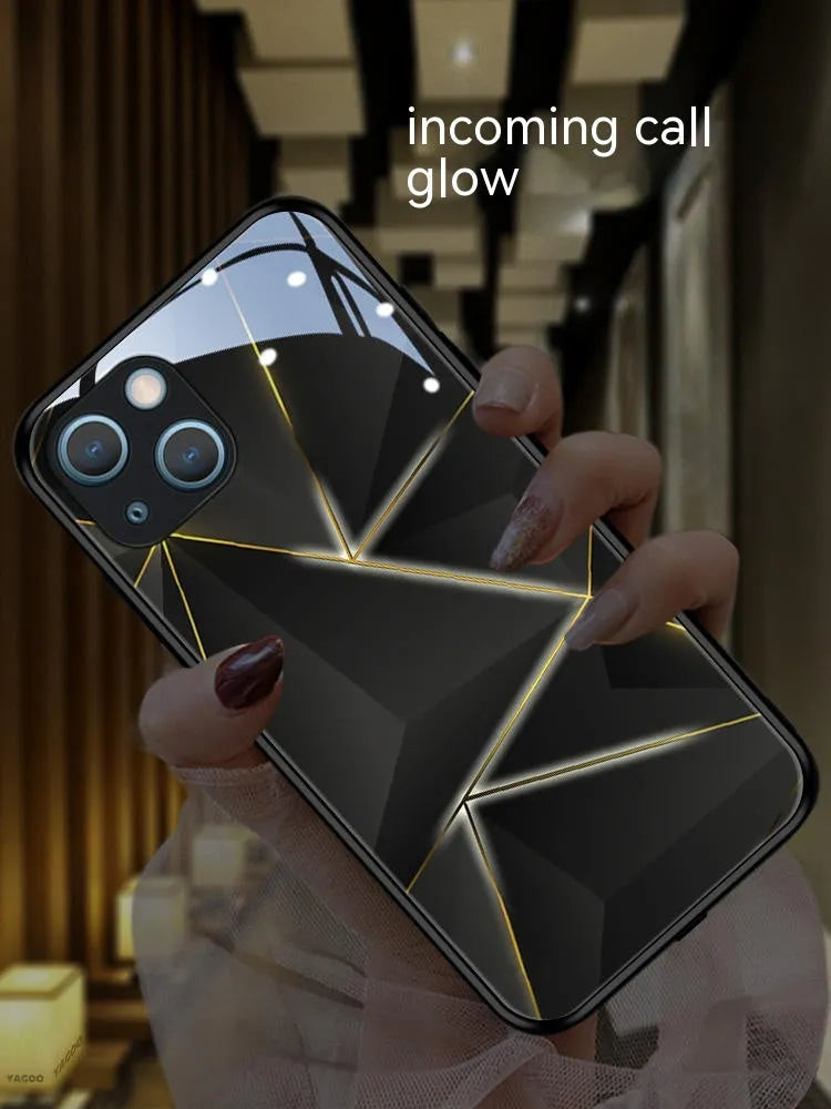 Geometric prism luminous tempered glass phone case for iPhone 15 14 13 12 11 in black colour