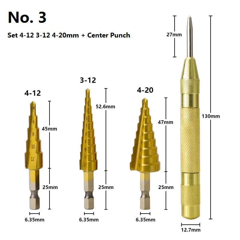 High-speed steel step drill bits and centre punch set for metalworking with colour-coded organisation