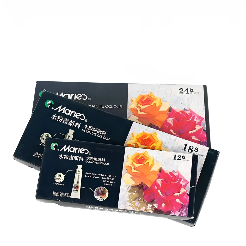 Gouache paint set with multiple tubes showing 12, 18, and 24 colour options for artists