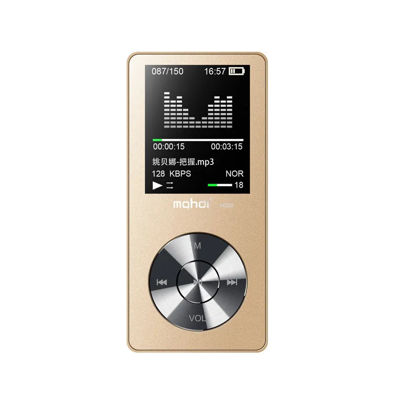 Gold, silver, or black metal portable MP3 player with a 1.8-inch screen showing a music menu.