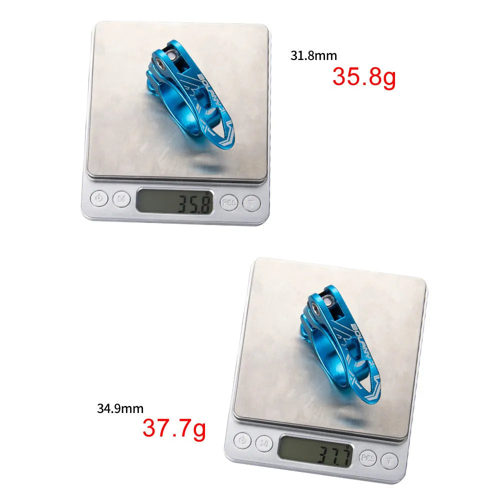 Aluminium alloy bicycle seat post clamp in black, red, gold, or blue colour for 31.8mm and 34.9mm seat tubes.