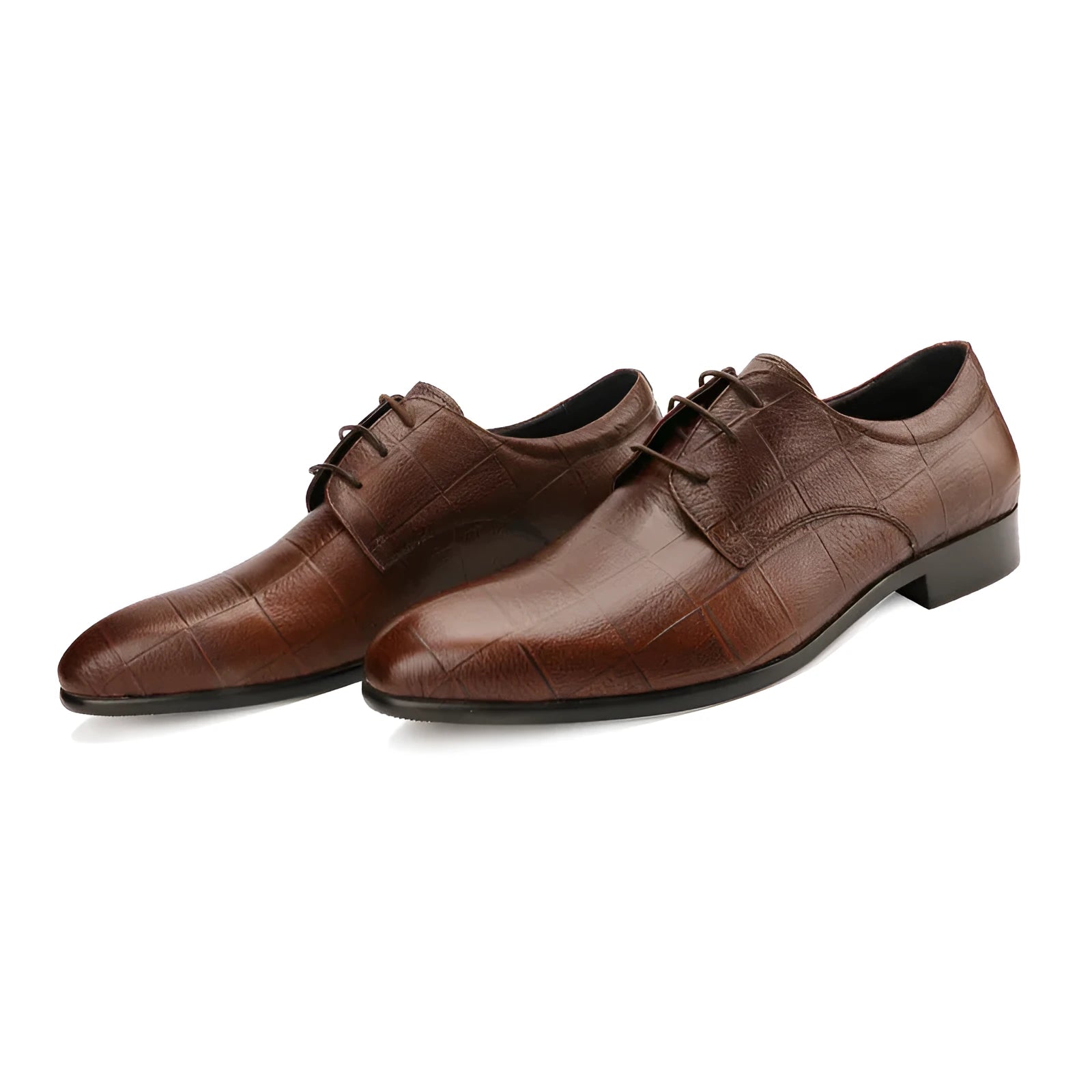 Men's black handcrafted leather derby shoes with a pointed toe and rubber sole.