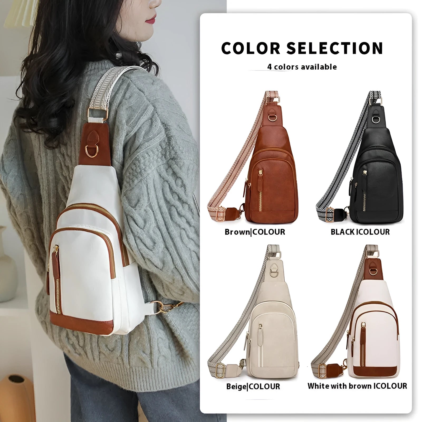 Women's small messenger chest bag in soft PU with crossbody strap and multiple compartments