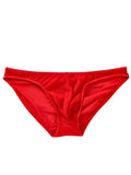 Men's black low-waist nylon briefs laid flat, showing triangle brief style and knitted fabric.