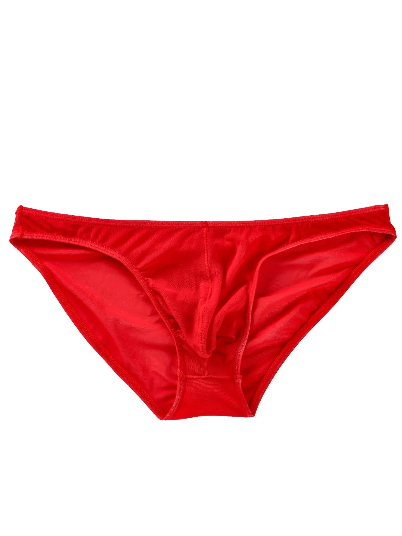 Men's black low-waist nylon briefs laid flat, showing triangle brief style and knitted fabric.