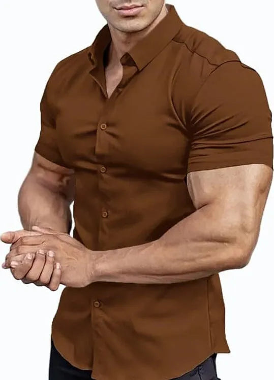 Men's printed short sleeve casual shirt with collar in multiple colour options showing cardigan style