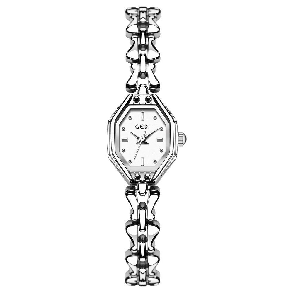 Luxury retro octagonal women's quartz watch with alloy strap and barrel-shaped dial, mineral glass mirror, steel gold white colour