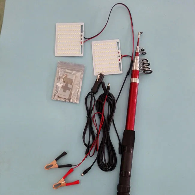 White LED fishing light panel on a tall telescopic pole with a wireless remote control