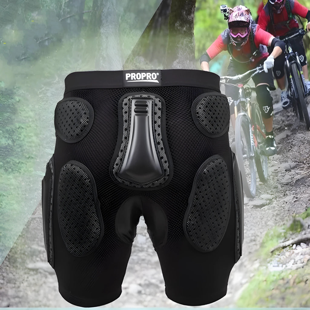 Black cycling hip protection pants with integrated hip pads shown in adult sizes