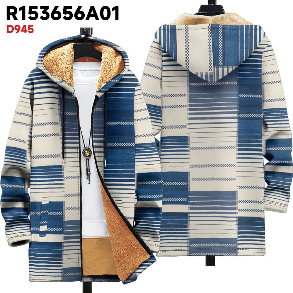 Man wearing a multicolour digitally printed hooded cardigan with a full-length front zip
